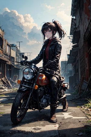 real drawing of a Japanese beautiful lady. She is riding a Vincent Black Shadow motorcycle through a postapocalyptic scenery. An abandoned town, perfect face, deserted buildings, wild foliage, cracks in the asphalt, rusty cars, scattered rubble, dust, and puddles of water. Dark clouds. Masterpiece. Highly detailed. Cluttered maximalism. Close-up shot. High angle. Super wide angle,