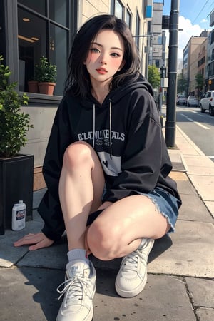 ((masterpiece, best quality, detailed)), (realistic:1.3), a 20 yo woman, brunette, on street, hoodie and jean, sneaker, (natural skin texture, hyperrealism, soft light, sharp), AI_Misaki