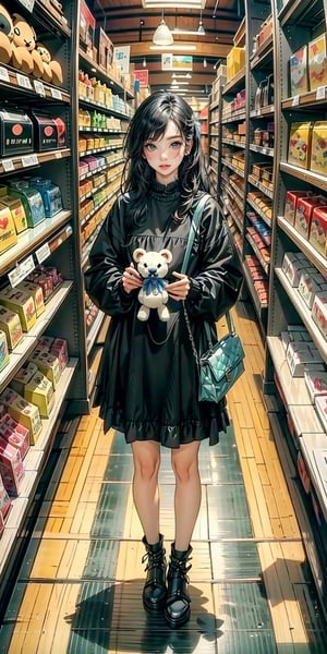 (masterpiece, best quality), (colorful:1.4), from above, solo, 1girl standing in a store with lots of stuffed animals on the shelves and a bag of stuff, depth of field, fisheye lens,AI_Misaki ,futureaodai