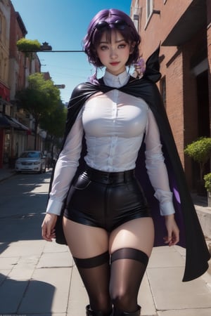  1girl, solo, looking at viewer, light smile, medium breasts, purple eyes, sunglasses, upper body, eyewear on head, white shirt, (black cape:1.3) , kafka, pantyhose, black shorts, walking on street