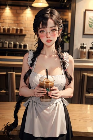 Best quality, masterpiece, ultra high res, (photorealistic:1.4), raw photo,
 1girl, cowboy shot, yellow eyes, looking at viewer, downblouse, (braid hair, blunt bangs:1.3), round glasses, ([embarrassed|naughty face]), (blush),  iced latte with breast milk, apron, sweat, (moist skin), starbucks interior, dynamic lighting, depth of field, cafe shop