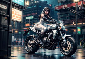 (4k), (masterpiece), (best quality),(extremely intricate), (realistic), (sharp focus), (cinematic lighting), (extremely detailed), 

A girl with cybernetic arm riding speed motorbike in a dyatopian city at night. She is wearing a flowing shining white wedding dress.

,hackedtech,AI_Misaki ,futureaodai