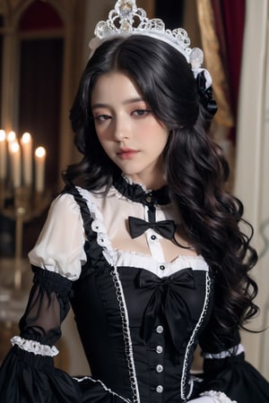 niji style, realistic, beautiful woman, long wavy hair, ((gothic_lolita,)), upper body shot, eyes closed,AI_Misaki, from side, shiny_skin, full body