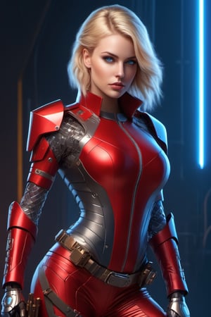 full body  Photo of Ekaterina Enokaeva as a powerful and futuristic Cyberpunk style heroine, with a futuristic red leather suit and technological details of titanium and carbon material. (((dynamic full body pose photo)), (wielding a futuristic gun) Anatomically perfect body, perfect hands, Highly detailed and hyper-realistic, in futuristic industrial sci-fi environment, She has blonde hair and blue eyes. Highly stylised armour details and faceted shapes. Visible and beautiful legs, 4k resolution, isometric fractal bioluminescence detail, 3d render, octane render, intricately detailed, cinematic, trending on ArtStation Isometric focused hyperrealistic full colour stunning cover photo, intricate, Rough sketch, banksy art, Kim Jung gi, digital illustration, comic book style, steampunk noir, approaching perfection.,Realism,mecha,RedHoodWaifu,high_school_girl,portrait_futurism,Leonardo Style,Movie Still, illustration,vector art,robot