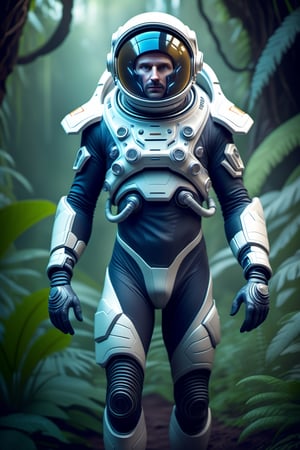 Russian cosmonaut in a very futuristic, sophisticated, ergonomic suit, walking through the jungle of a new unknown planet, (futuristic suit with exoskeletons and a very futuristic helmet) (with exotic alien vegetation), (epic), (cinematic) sci-fi, hyperrealistic 