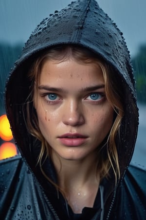 Ultra detailed shot of young Natalia Vodianova looking scared, wearing dark hoodie and clothes, post-apocalyptic environment, all wet on a rainy night, scared look, eerie, creepy, dark ambient, cinematic lights, ultra sharp focus, bird's eye view, looking at the camera, rain drops, wet skin, wet face,