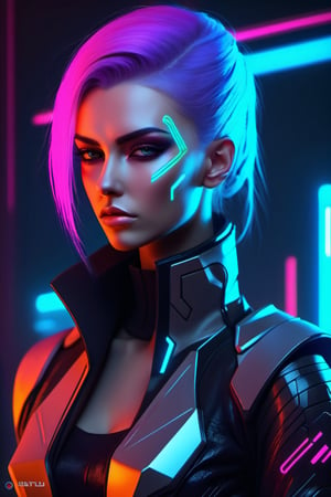 (Creates a beautiful Russian Slavic woman, like a futuristic cyberpunk warrior) unique and elegant design. Use neon colour palettes to enhance the futuristic and technological aesthetic. These characters convey a combination of strength, elegance and mystery, she has stylish super-agent clothing and accessories that capture the essence of cyberpunk in a fascinating way.