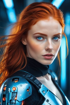 
Impressive hyperrealistic and futuristic photo of a beautiful red-haired Russian woman with freckles and blue eyes very similar to Elizaveta Shmeleva, as cyberpunk ninja robot warrior, Bright Blur Eyes,  art style, frontal perspective, full body, action shot, vibrant color, high detail, Laboratory background.