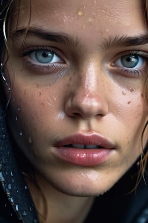 Ultra detailed shot of young Natalia Vodianova looking scared, wearing dark hoodie and clothes, post-apocalyptic environment, all wet on a rainy night, scared look, eerie, creepy, dark ambient, cinematic lights, ultra sharp focus, bird's eye view, looking at the camera, rain drops, wet skin, wet face,