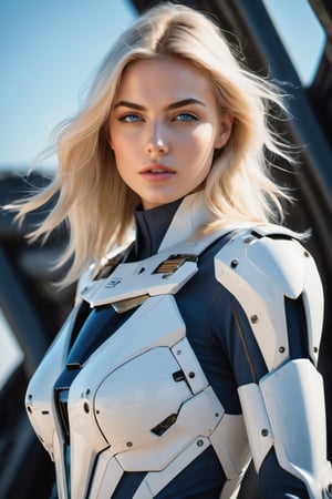 A Russian blonde model pilot inside a big gundam robot, her perfect skin illuminated by the sun, her white trousers billowing in the wind. She looks off into the distance, her dark mascara and professional makeup accentuating her beauty. The scene is framed in the rule of thirds, with a high quality background and ultra detailed scenery. The focus is ultra sharp, capturing every detail of the model’s perfect feature,