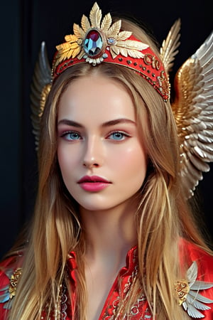 Artistic frontal portrait of Daria Lefler with traditional Russian ornamentation with very intricate and hyper-realistic details. Ash blonde hair, On her head is a large metallic red Kokoshnik of circular shape. She has to be seen with leadership expression as a powerful Russian queen. Dimly lit environment with soft spot light focused on the face, photographic style by Eric Burkhanaev, highly detailed image, dramatic photographic studio lighting, Russian mystical environment, cinematic fantasy, close-up, Russian Queen with long platinum blonde windblown hair and golden eagle wings and red lipstick, vibrant high contrast, hyper realistic, background should be red gradient to brownish orange, everything has to be very detailed and hyper realistic, dramatic lighting, High quality, UHD, strong reflections, one point lighting from the right vibrant volumetric bear color, Luminous Studio graphics engine, magenta, purple blue, cyan, octane render,kristinapimenova