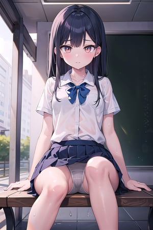 (masterpiece), best quality, high resolution, highly detailed, detailed background, perfect lighting, 1girl, 1boy, semi-long hair, dark blue hair, micro bangs, gold eyes, small breasts, wet school uniform, see-through underwear, park bench,