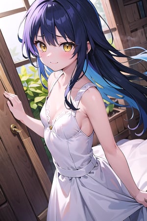 (masterpiece), best quality, high resolution, highly detailed, detailed background, anime style, reflection light, perfect lighting, fantastic, sheet of spray, 1girl, 16 years old, small breasts, semi-long hair, dark blue hair, floating hair, yellow eyes, shine of the light, beautiful light, Lots of people, wedding, bride, smile, shed tears,