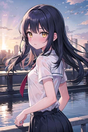 (masterpiece), best quality, high resolution, highly detailed, detailed background, anime style, reflection light, perfect lighting, 1girl, 16 years old, small breasts, semi-long hair, dark blue hair, floating hair, yellow eyes, on the pedestrian bridge, sun shower, Intense sunlight, shine of the light, beautiful light, nude, wet school uniforms, see-through undershirt, nose blush, looking back,