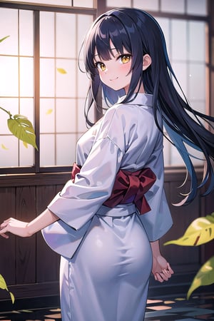 (masterpiece), best quality, high resolution, highly detailed, detailed background, anime style, reflection light, perfect lighting, fantastic, 1girl, 16 years old, small breasts, semi-long hair, dark blue hair, floating hair, yellow eyes, Ryokan garden at night, dead leaves floating in midair, Intense light, shine of the light, beautiful light, yukata, naughty smile, from behind,