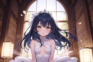 (masterpiece), best quality, high resolution, highly detailed, detailed background, anime style, reflection light, perfect lighting, fantastic, sheet of spray, 1girl, 16 years old, small breasts, semi-long hair, dark blue hair, floating hair, yellow eyes, shine of the light, beautiful light, Lots of people, wedding, bride, smile, shed tears,