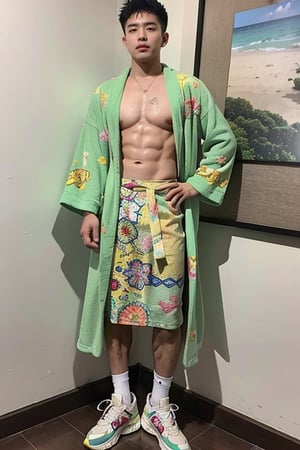 1male, handsome male,solo, , huge muscles, nude, real male genitalia, colorful tattoos, standing, full body photo, designer sneakers, sunny,medium shot, green upper,print robe,long print skirt,print shirt,男人,男士,男孩,男,男子