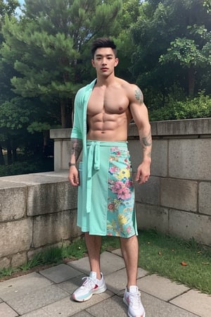 1male, handsome male,solo, , huge muscles, nude, real male genitalia, colorful tattoos, standing, full body photo, designer sneakers, sunny,medium shot, green upper,print robe,long print skirt
