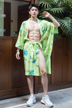 1male, handsome male,solo, , huge muscles, nude, real male genitalia, colorful tattoos, standing, full body photo, designer sneakers, sunny,medium shot, green upper,print robe,long print skirt,print shirt,男人,男士,男孩,男,男子