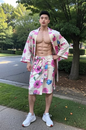 1male, handsome male,solo, , huge muscles, nude, real male genitalia, colorful tattoos, standing, full body photo, designer sneakers, sunny,medium shot, green upper,print robe,long print skirt,print shirt,男人,男士,男孩,男,男子