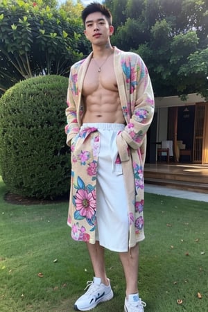 1male, handsome male,solo, , huge muscles, nude, real male genitalia, colorful tattoos, standing, full body photo, designer sneakers, sunny,medium shot, green upper,print robe,long print skirt,print shirt,男人,男士,男孩,男,男子