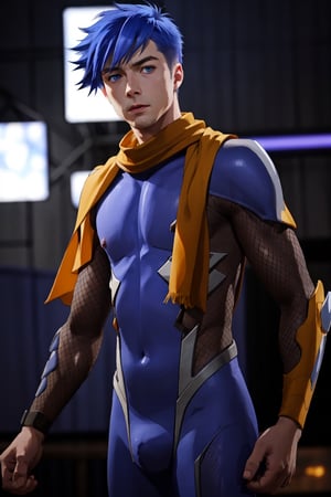 Rick cosnett as TatsurouAkiyama, young 18yo boy, (solo:1.4), ninja, scarf, slim fit, big eyes,EpicMakeup,Gray_Reverse,blue hair,taimanin bodysuit