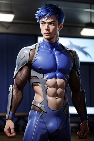 Rick cosnett as TatsurouAkiyama, young 18yo boy, (solo:1.4), ninja, slim fit, big eyes, muscular, abs, wide shoulders, EpicMakeup,Gray_Reverse,blue hair,taimanin bodysuit