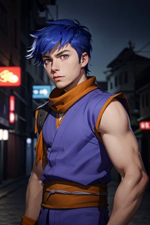 Rick cosnett as TatsurouAkiyama, young 18yo boy, (solo:1.4), ninja, scarf, slim fit, big eyes,EpicMakeup,Gray_Reverse,Orange eyes,blue hair