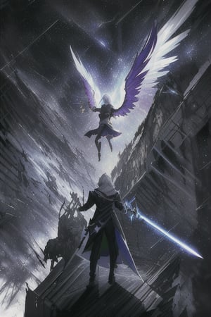 Make 2 character a human with silver hair big purple wings holding a black sword crossed silver spear which is held by a men with golden hair and white angel like wings the cross of there weapon generating shock wave so strong that it destroyed the reality behind them 
Background: a dark space with a lots of explosions behind