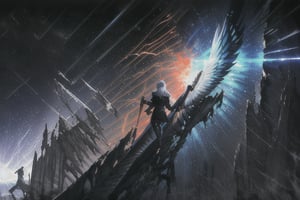 Make 2 character a human with silver hair big purple wings holding a black sword crossed silver spear which is held by a men with golden hair and white angel like wings the cross of there weapon generating shock wave so strong that it destroyed the reality behind them 
Background: a dark space with a lots of explosions behind