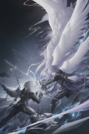 Make 2 character a human with silver hair big purple wings holding a black sword crossed silver spear which is held by a men with golden hair and white angel like wings the cross of there weapon generating shock wave so strong that it destroyed the reality behind them 
Background: a dark space with a lots of explosions behind

Make it look like they are fighting for 100 years 