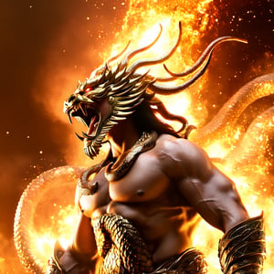 the legendary serpent Orochi becomes the embodiment of heavenly fury. His body is radiant flowers, reflecting the birth of stars. His eyes glow with cosmic fire, and tentacles of energy surround his body like ethereal lightning. The presence of the serpent is both awe and fear as it harnesses the power of the cosmos itself.,Movie Still