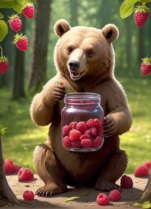 A bear with a hare, holds a jar of raspberries, eats with spoons, directs it into the mouth, there are jars of raspberry jam nearby 4 k