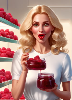 Pretty woman, blonde, holds a jar of raspberries, directs it to her mouth, there are jars of raspberry jam nearby 4 k,3d style