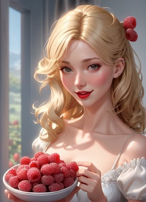 Pretty woman, blonde, holds a jar of raspberries, directs it to her mouth, there are jars of raspberry jam nearby 4 k,3d style