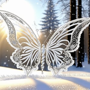 Angel, Large ice lace butterfly, lace, transparent two wings, openwork open, sparkle in the snow, snow-white wings, against the background of the sun and snow, the light falls brightly on the forest, 4k,ch3ls3a