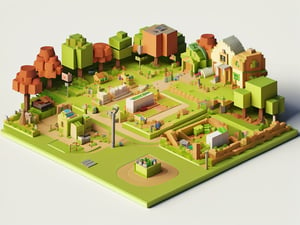 minecraft square style, cg, computer graphics, very details,  high_resolution, 2 main high white colour school building inside a landscape garden, 1 plaque, 2 big basketball playgrounds in between 2 main buildings, a small car park, small forest, under sunlight
