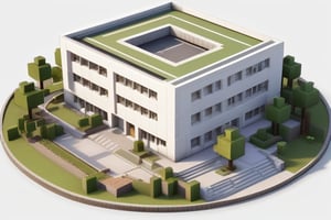 minecraft square style, cg, computer graphics, very details,  high_resolution, 2 main high white colour school building inside a landscape garden, 1 plaque, 2 big basketball playgrounds in between 2 main buildings, a small car park, small forest,3d style