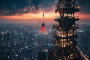 tokyo, highres, bird view ,ultra wide shot,((a man standing top of building:1.3)) high rise building, gothic style,urban style, designed by Blade Runner and Akira, high technology,neon lights, super nova, stars, beautiful, architectural rendering, sunset, epic clouds ,((8k, RAW photo, best quality, ultra high res, analog style, photo-realistic, masterpiece)),Movie Still,steampunk style