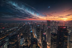 bird view ,ultra wide shot,((1male, overlooking from rooftop)), curved high-rise building in tokyo city, gothic style,urban style, designed by Blade Runner and Akira, high technology,neon lights, super nova, stars, beautiful, architectural rendering, sunset, epic clouds ,((8k, RAW photo, best quality, ultra high res, analog style, photo-realistic, masterpiece))