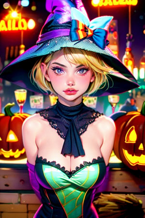 masterpiece,1girl,short blonde hair,looking at viewer,bokeh,halloween,cowboy_shot,witches,flying,broom_riding,cityscape