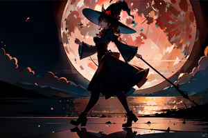 masterpiece, high quality, best quality, high res, (A woman ((walking:1.5))), artistic sideview, gloomy lighting, moonlight, victorian era, side view, from the side, red moon, silhouette, ((fullbody)), ((dark lighting:1.4)), (taking a step), (((witch hat))), ((smiling wickedly))