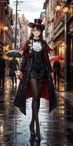 ultra detailed 8k cg, 1girl, fantasy style, hll,black pantyhose, full body shot, high heels, ((tailcoat)) suit, tophat, monocol, outdoors in victorian era england, dynamic pose, rain