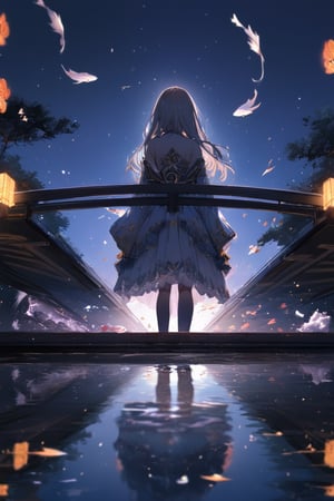 Extreme detailed, (masterful), 1girl, looking down at water surface, solo, back view, night, on top of bridge, water, reflection, koi, volumetric lighting
