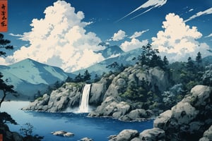 Extreme detailed, (masterful), (ukiyo-e style), outdoors, sky, day, cloud, water, blue sky, no humans, scenery, rock, waterfall