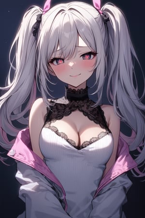 Extreme detailed, (masterful), 1girl, solo, tight shirt, cleavage, cleavage cutout, jumper, off shoulders, white jumper with pink lining, lace undershirt, black lace shirt, twintails, pink hairties, (heart shaped pupil), blush, white hair, long hair, smug face, (dim lighting), dark lighting, dusk lighting