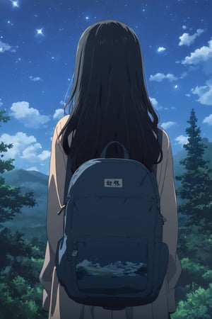 1girl, solo, long hair, black hair, outdoors, sky, cloud, bag, from behind, tree, backpack, star \(sky\), nature, scenery, forest, mountain, facing away, (ukiyo-e style), anime_screencap, extreme detailed, (masterpiece), Visual Anime