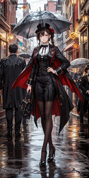 ultra detailed 8k cg, 1girl, fantasy style, hll,black pantyhose, full body shot, high heels, ((tailcoat)) suit, big tophat, monocol, outdoors in victorian era england, dynamic pose, rain,perfect
