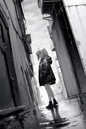 Extreme detailed, (masterful), 1girl, claraval, rain, storm, outdoors, puddles, back to wall, side view, street, monochrome, sketchbook style, close up
