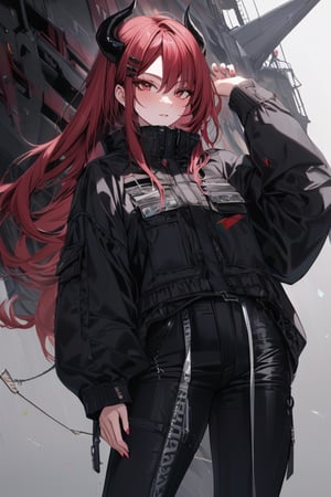 Extreme detailed, (masterful), 1girl, solo, maroon hair, sideswept hair, long hair, black demon horns, red eyes, black hair clips, black puffer jacket, black suit pants, mature face
